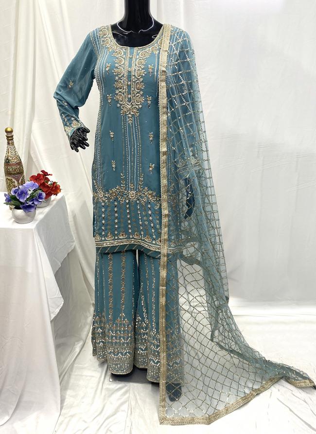 Georgette Sky Blue Wedding Wear Hand Work Readymade Sharara Suit